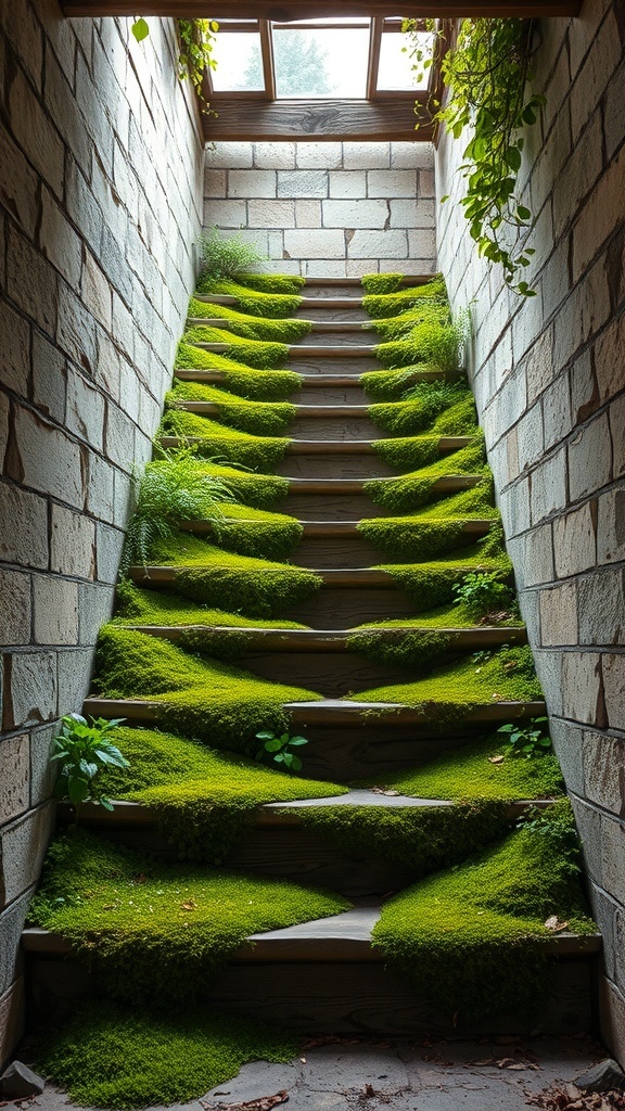 A rustic staircase adorned with lush moss and greenery.
