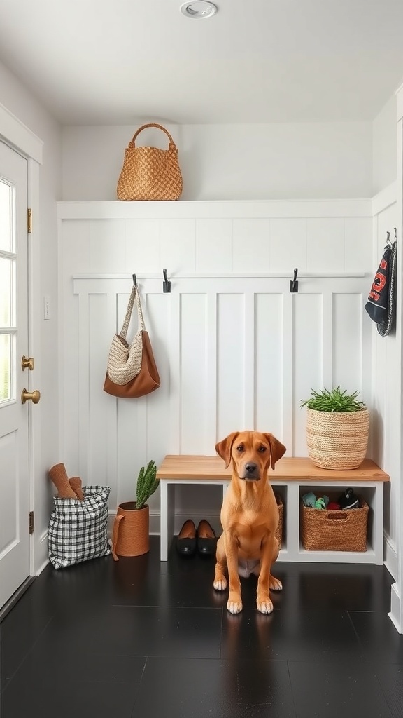 A modern mudroom featuring a dog sitting on a bench, with hooks for bags and leashes, and plants for decoration.