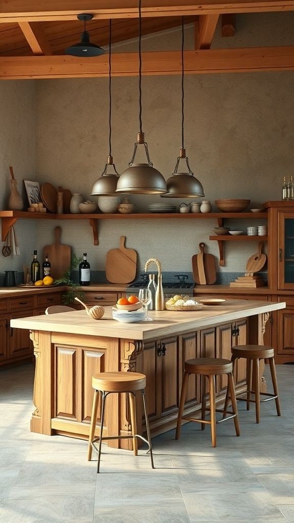 Rustic farmhouse kitchen island with wooden stools and pendant lights.