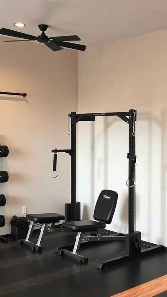 A modern home gym setup featuring a weight bench and multi-functional rack.