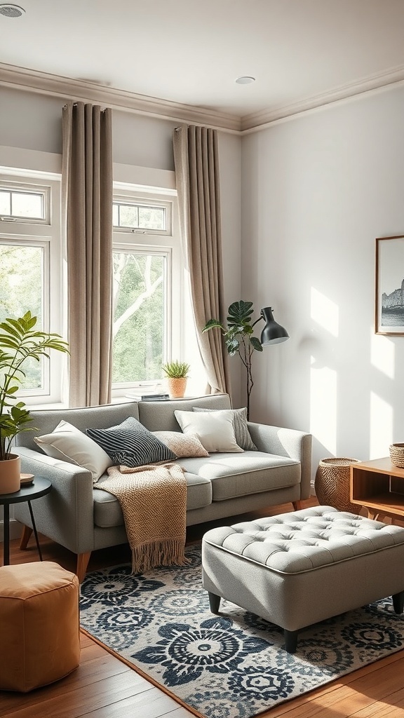 A cozy living room with a gray sofa, ottoman, and plants.