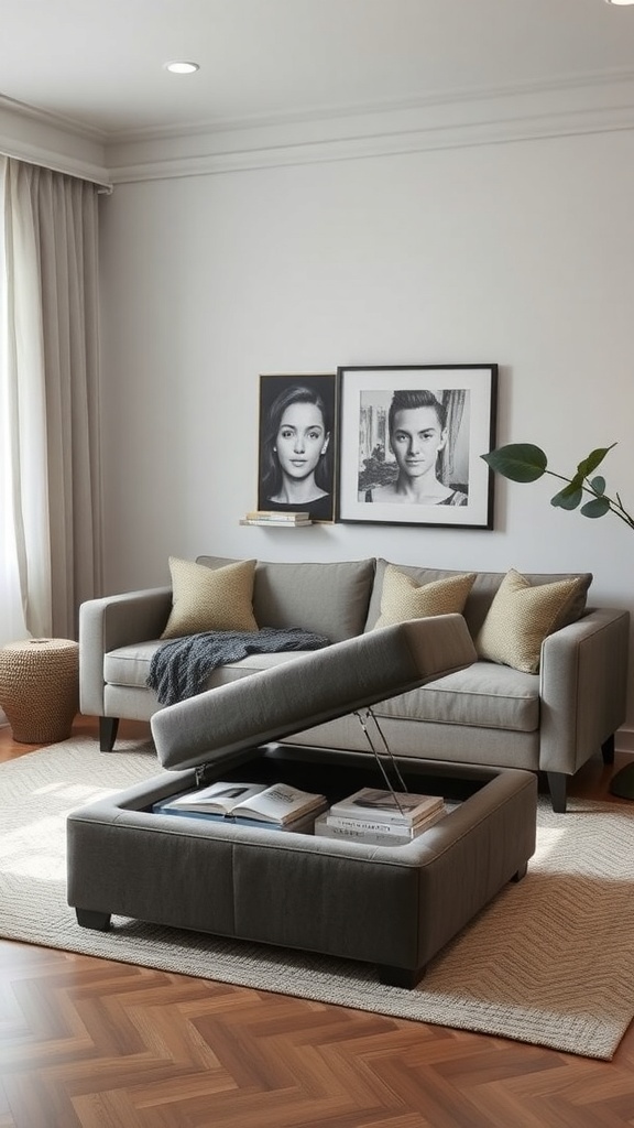 A cozy living area with a sofa and a lift-top coffee table for storage.