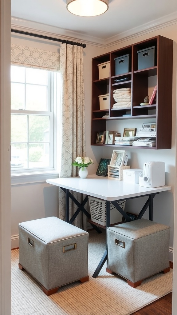 A small craft room featuring a desk, storage, and poufs.