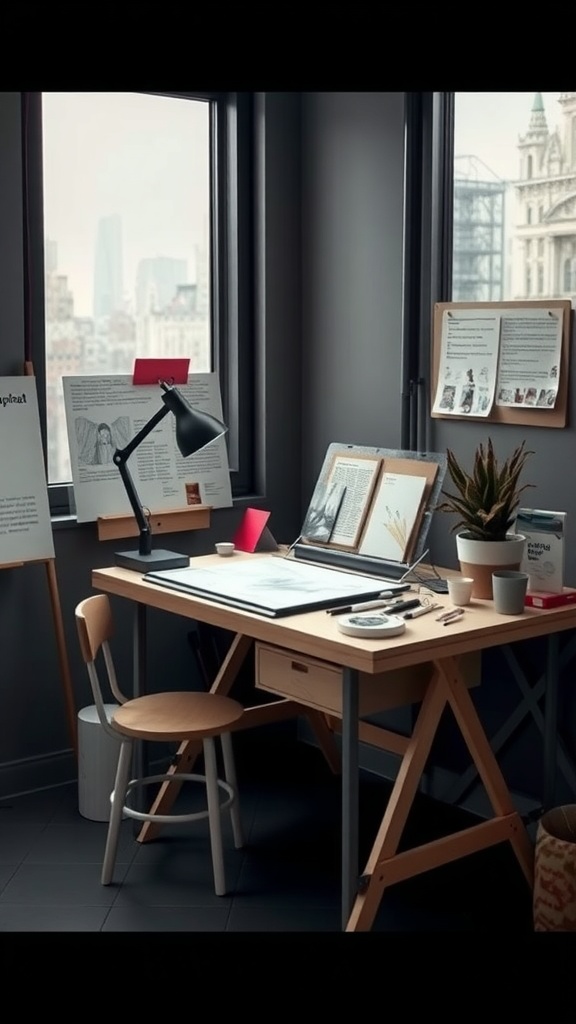 A well-organized artist's workspace featuring a wooden desk, a chair, a lamp, and various art supplies.