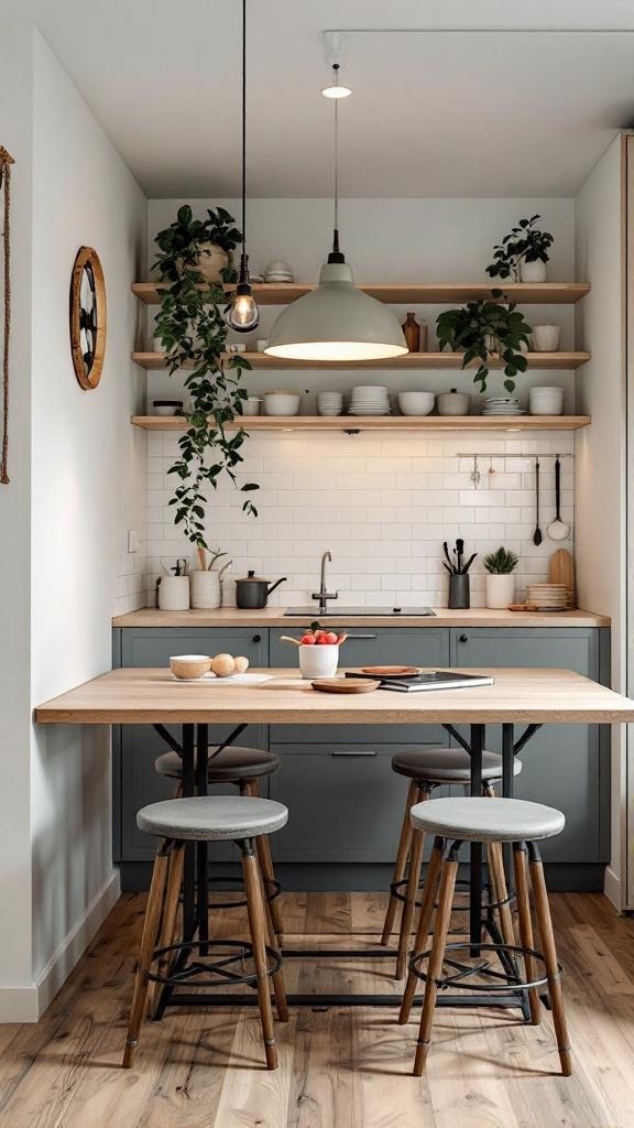 A small kitchen featuring a multi-functional table, stools, and open shelving with plants.