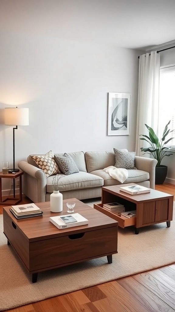 A cozy living room featuring a sofa, coffee tables with storage, and a plant.