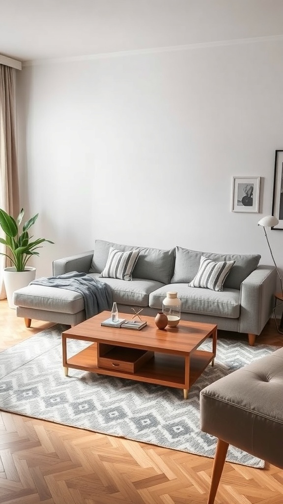 A cozy living room featuring a gray sofa, wooden coffee table, and decorative elements.