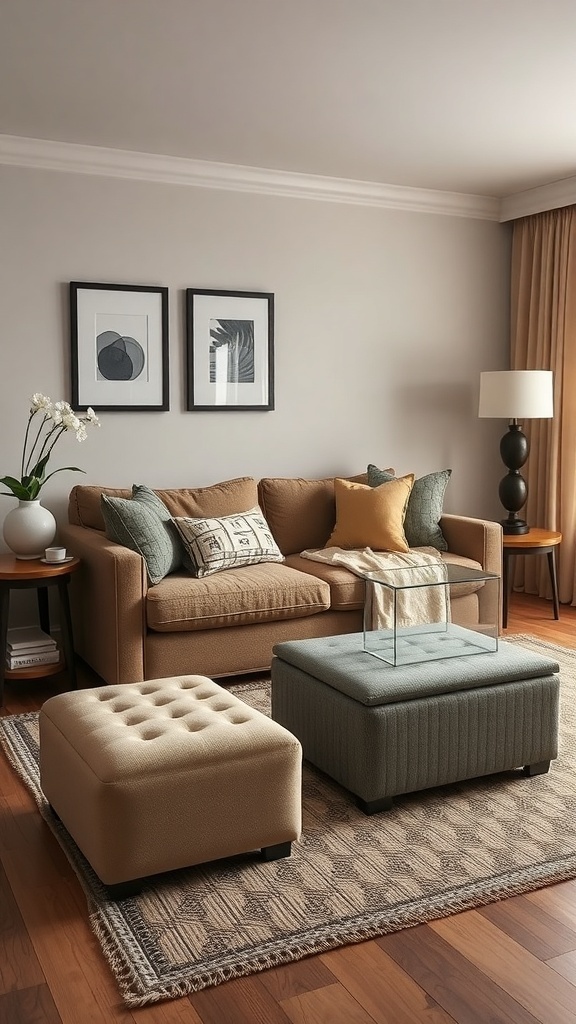A cozy small living room featuring a sofa, two ottomans, and decorative elements.