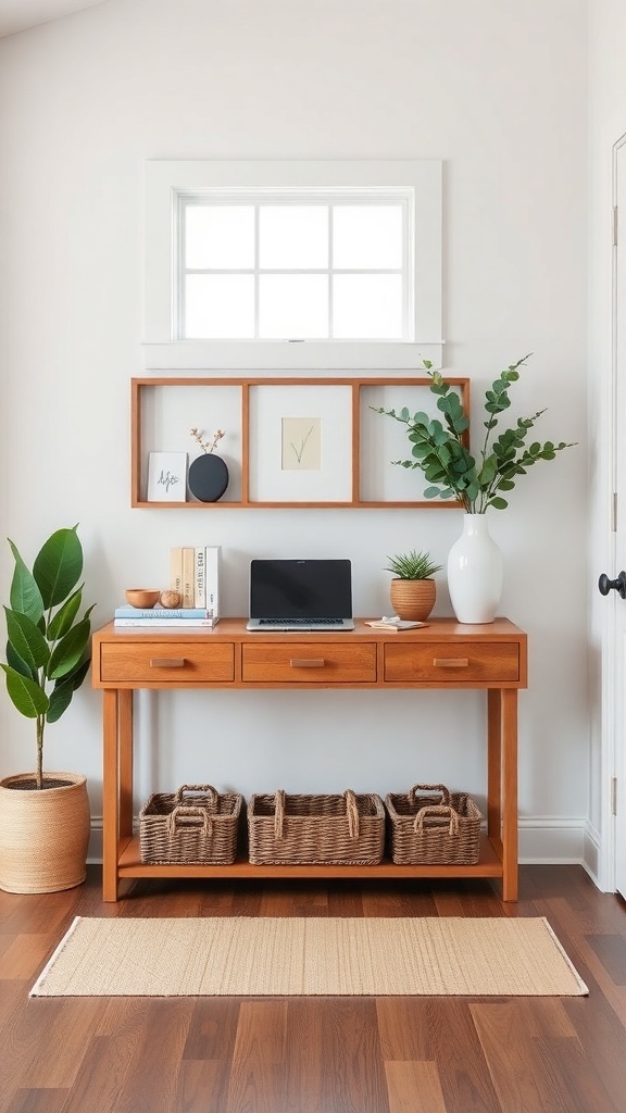A modern farmhouse entryway featuring a wooden console table with storage baskets, plants, and a laptop.