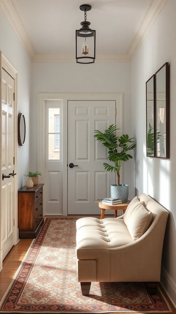 A small entryway featuring a cozy bench, a small table, and a plant.