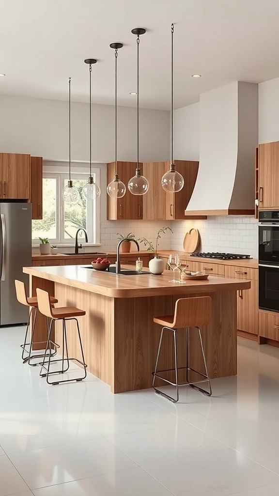 Modern kitchen with a multi-functional island and wooden cabinetry.