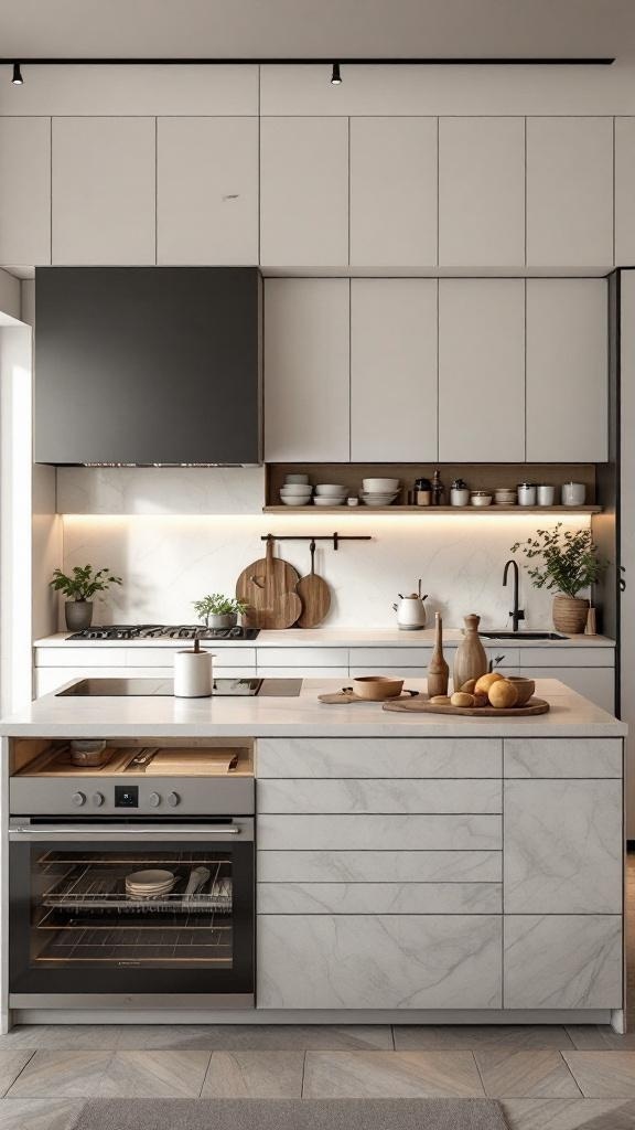 A modern kitchen island with an integrated oven, storage drawers, and decorative items.