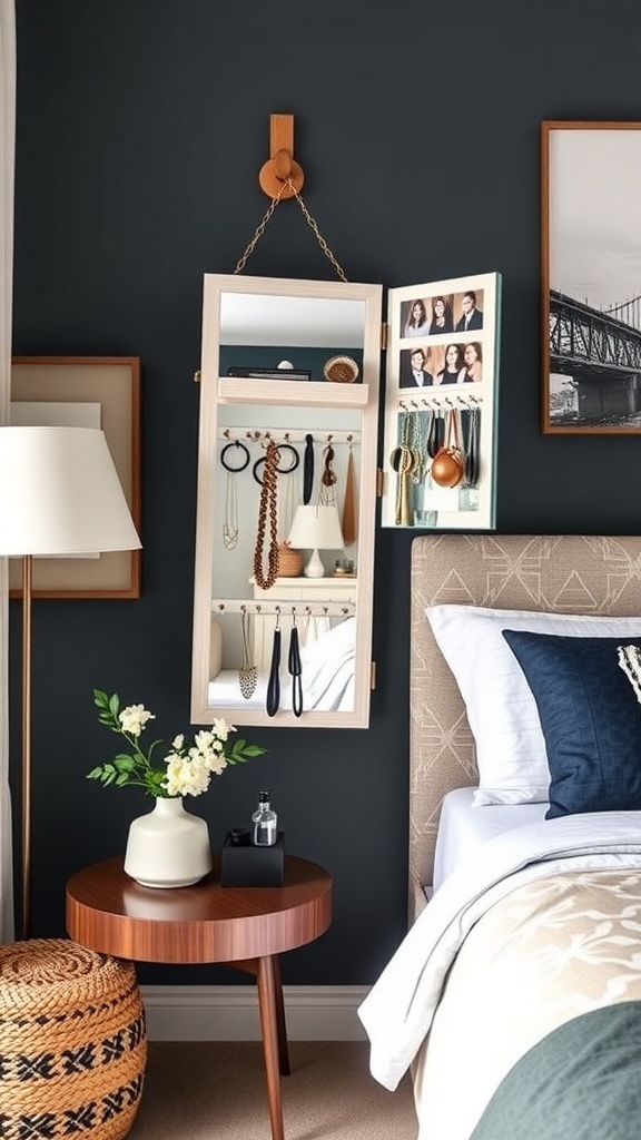 A multi-functional mirror with jewelry storage in a stylish bedroom setting.