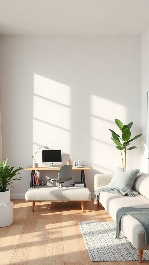 A minimalist living room featuring a cozy couch, a sleek desk, and a plant.
