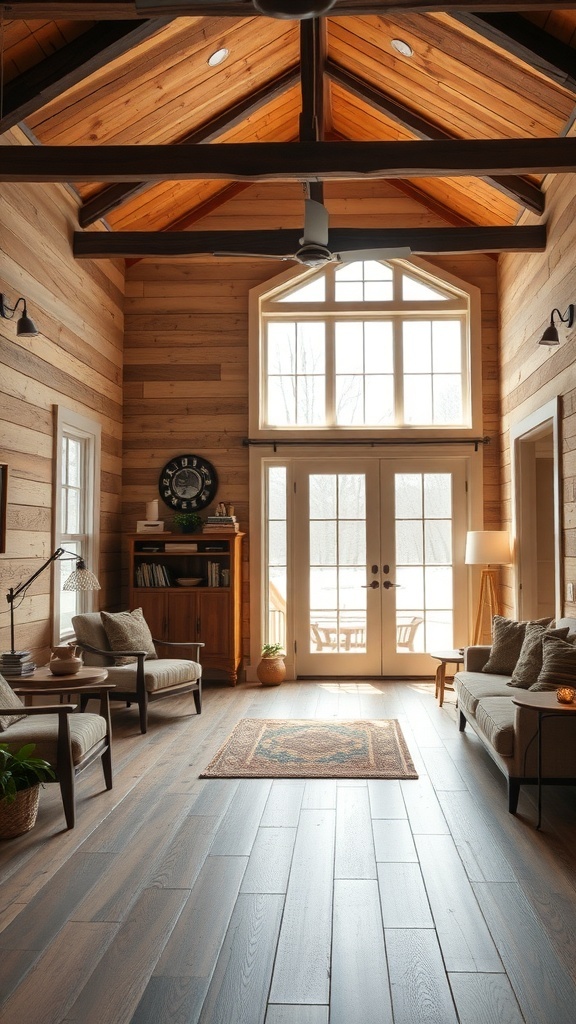 Interior of a rustic house featuring wooden walls and large windows.