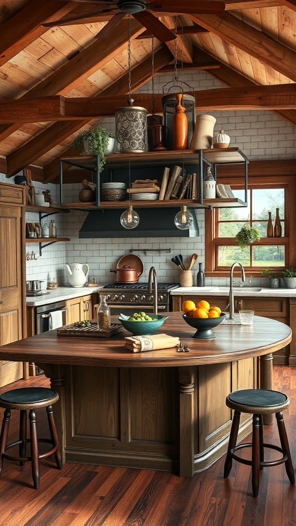 Rustic kitchen island with multi-level design, featuring wooden surfaces and stools.