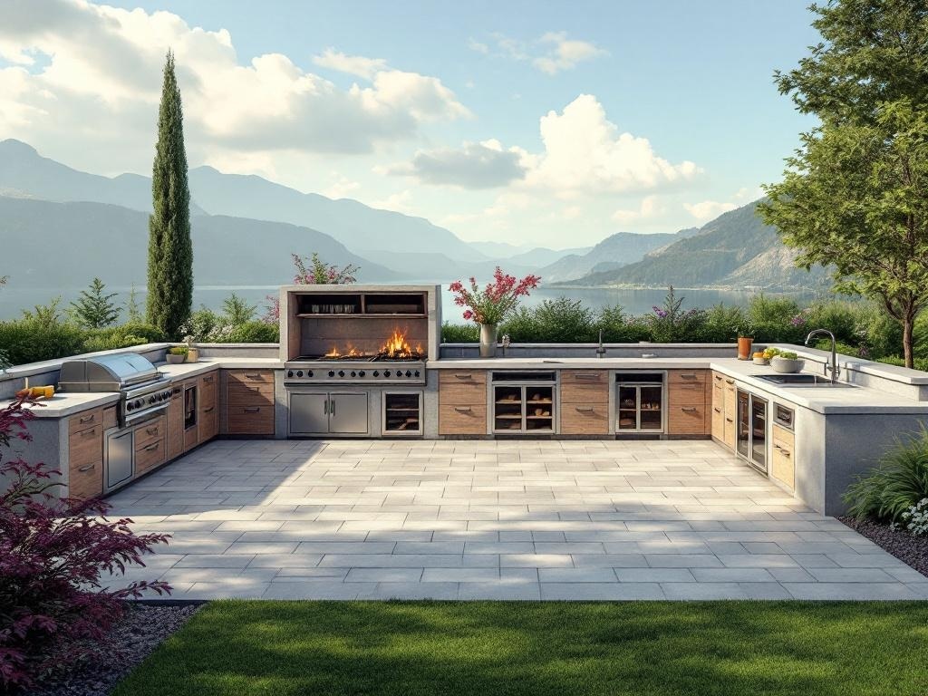 A multi-level outdoor kitchen layout featuring modern appliances and a scenic view.