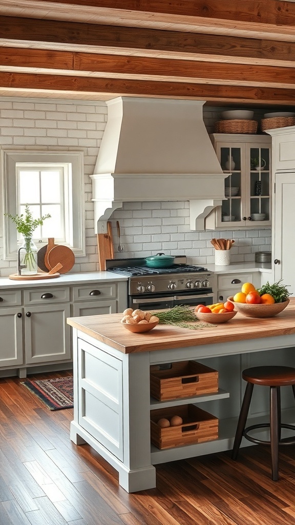 Farmhouse kitchen island with fruits and vegetables on top