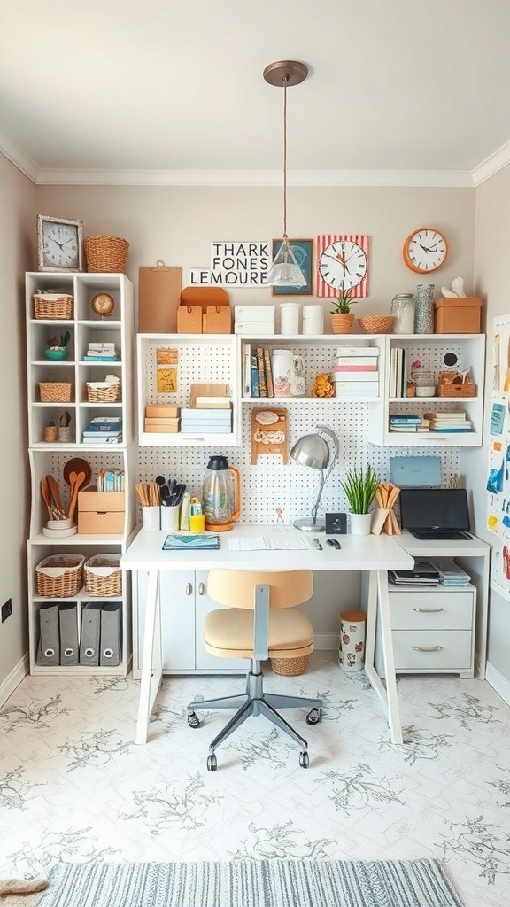 A well-organized craft room featuring a clean desk, shelves filled with baskets and boxes, and a cozy chair.