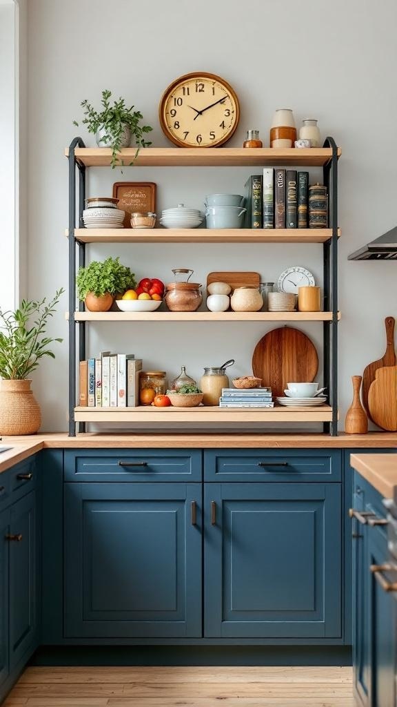 A multi-tiered shelving unit in a kitchen displaying dishes, cookbooks, and decorative items.