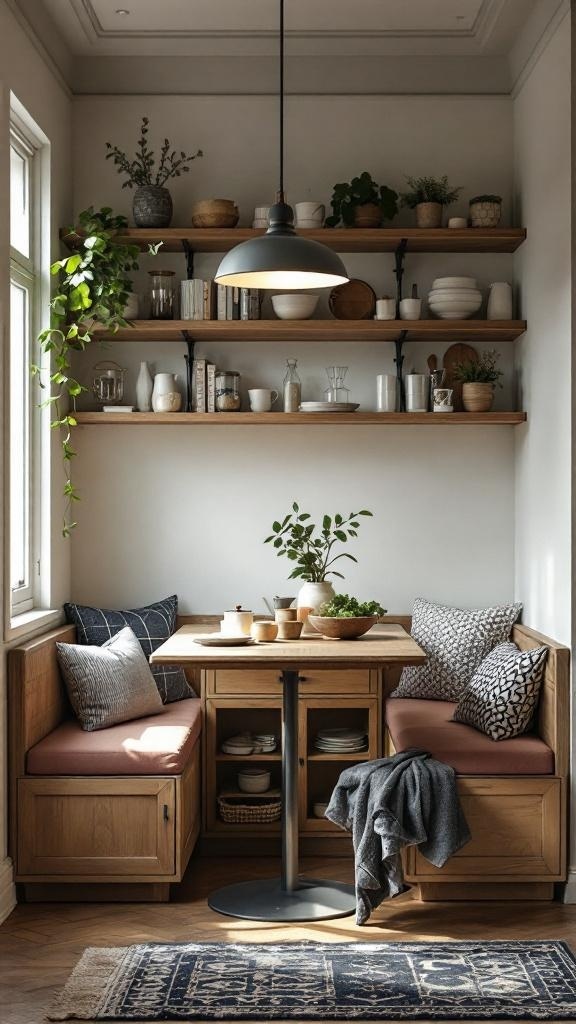 A cozy kitchen nook with multifunctional furniture, featuring a wooden table, built-in seating with storage, and decorative pillows.