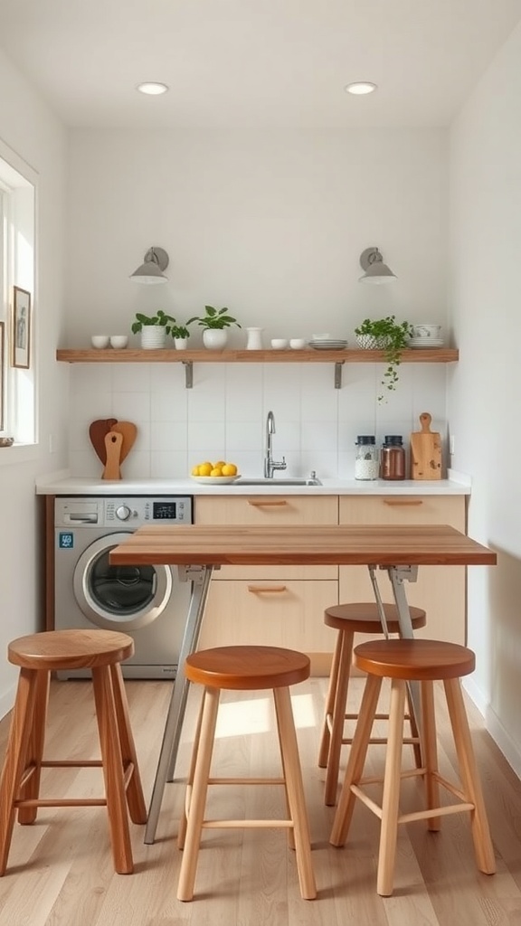 A small kitchen featuring a foldable table, stools, and shelves with plants.