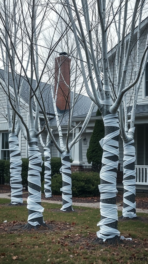 Trees wrapped in white fabric resembling mummies for Halloween decoration