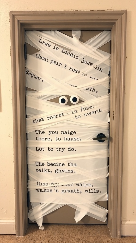 A door wrapped in white fabric resembling a mummy with googly eyes and spooky text.