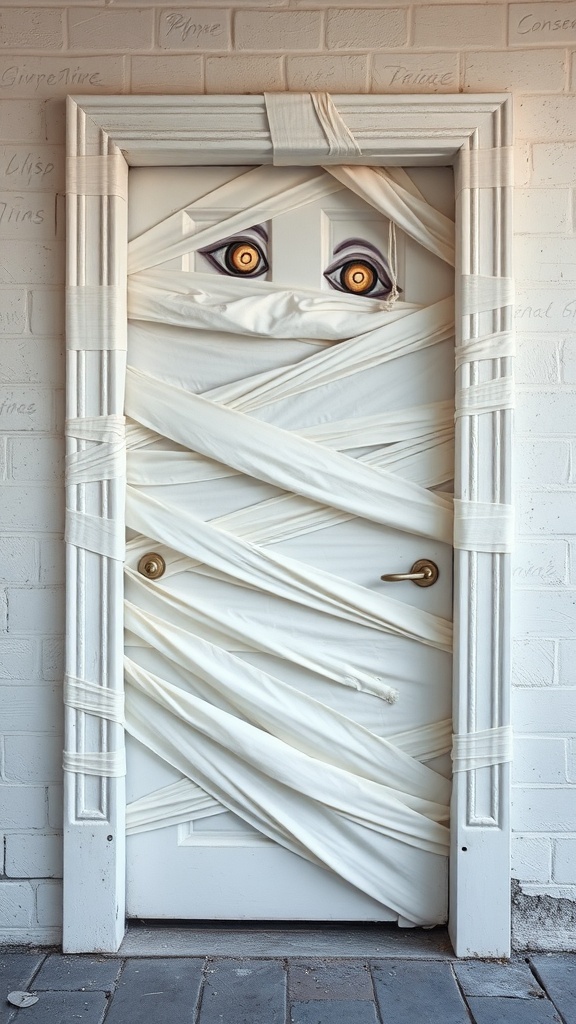 A door wrapped in white fabric resembling a mummy, with eyes peeking through.