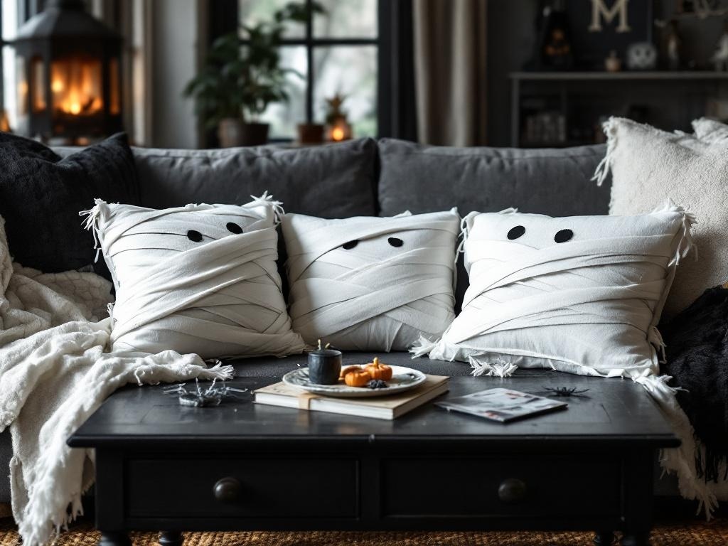Three mummy wrap pillow covers on a couch with a cozy blanket and a coffee table