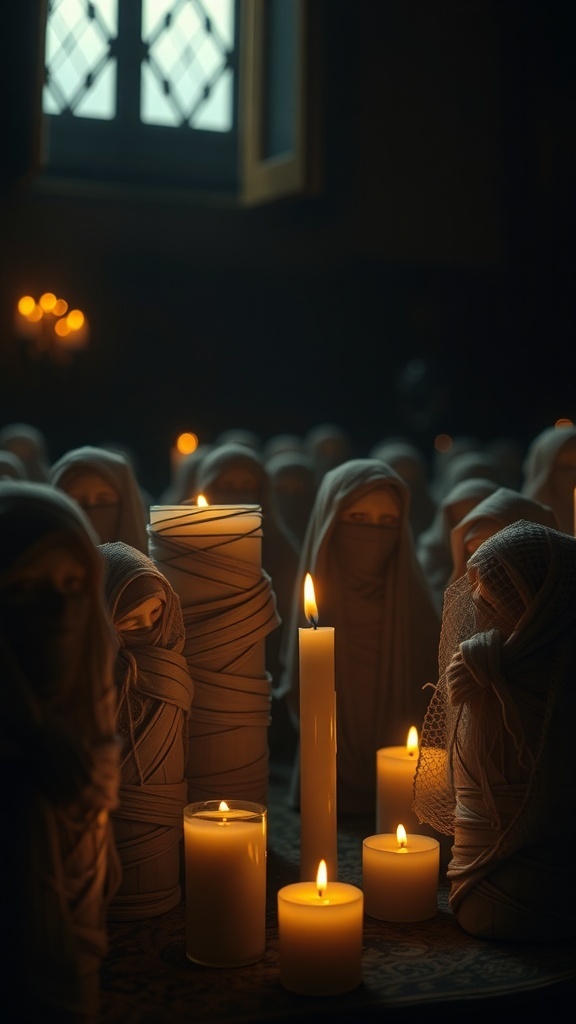A collection of candles wrapped in gauzy fabric resembling mummies, with flickering flames creating a spooky atmosphere.