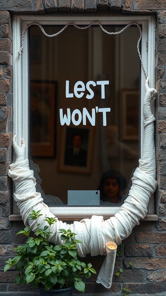 A window display featuring a mummy wrapped around the frame with a humorous message and a candle.