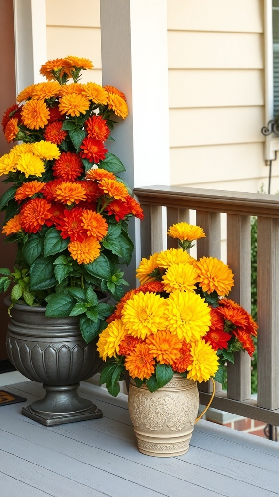 Colorful mums in decorative pots on a front porch