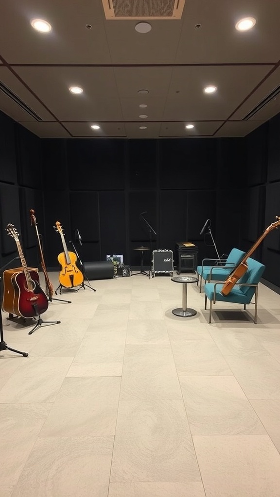 A music practice area featuring various guitars, a small stage, and seating.