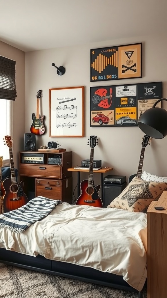 A cozy boys bedroom featuring guitars, music posters, and a warm color scheme.