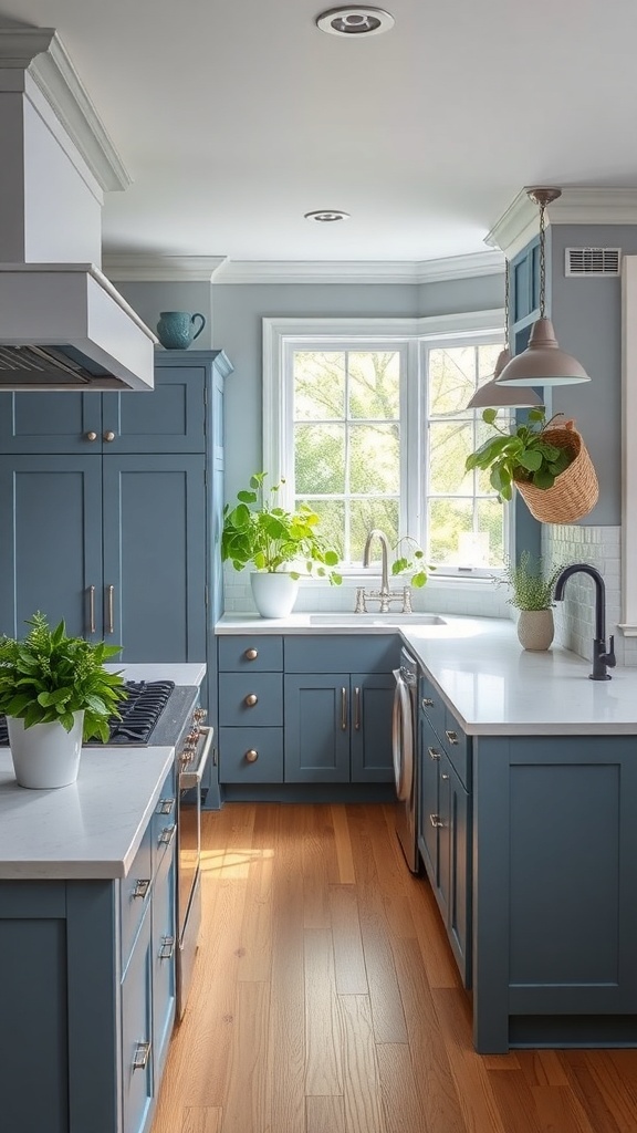 A farmhouse kitchen with muted blue cabinets and natural wood flooring.