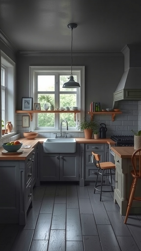 A cozy farmhouse kitchen with muted colors, featuring gray cabinets and warm wooden accents.