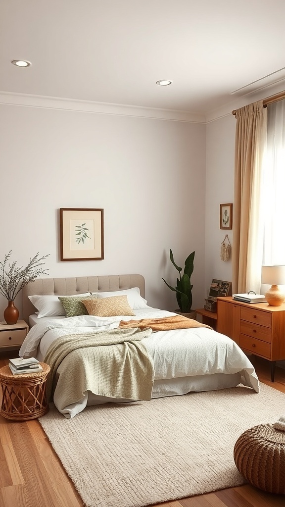 A cozy bedroom featuring muted earthy tones with a bed, wooden furniture, and soft textiles.