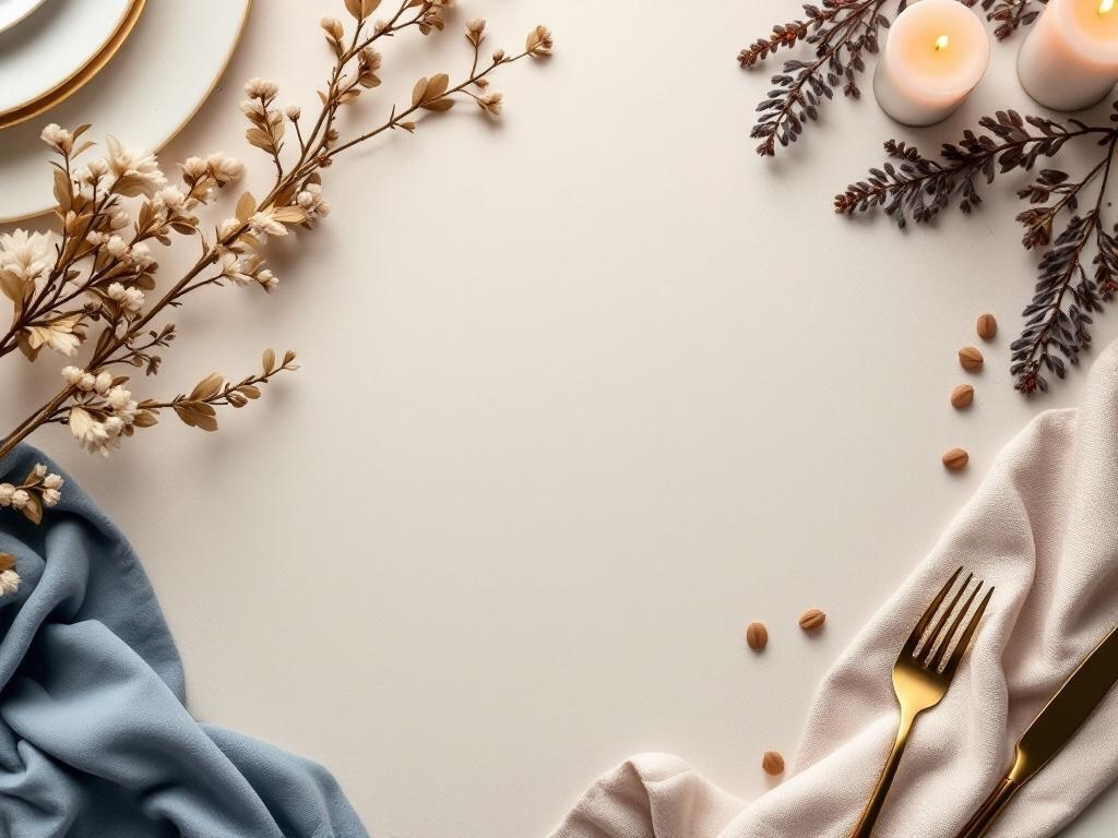 Thanksgiving table setting featuring muted gold accents with plates, flatware, and floral arrangements.