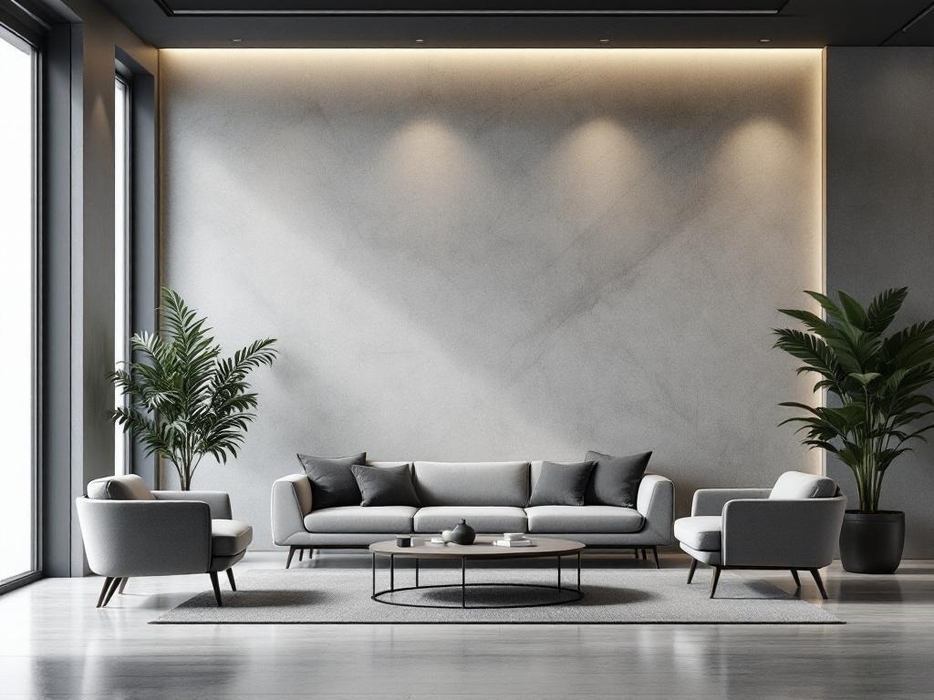 A minimalist living room featuring muted gray walls, a gray sofa, and green plants.