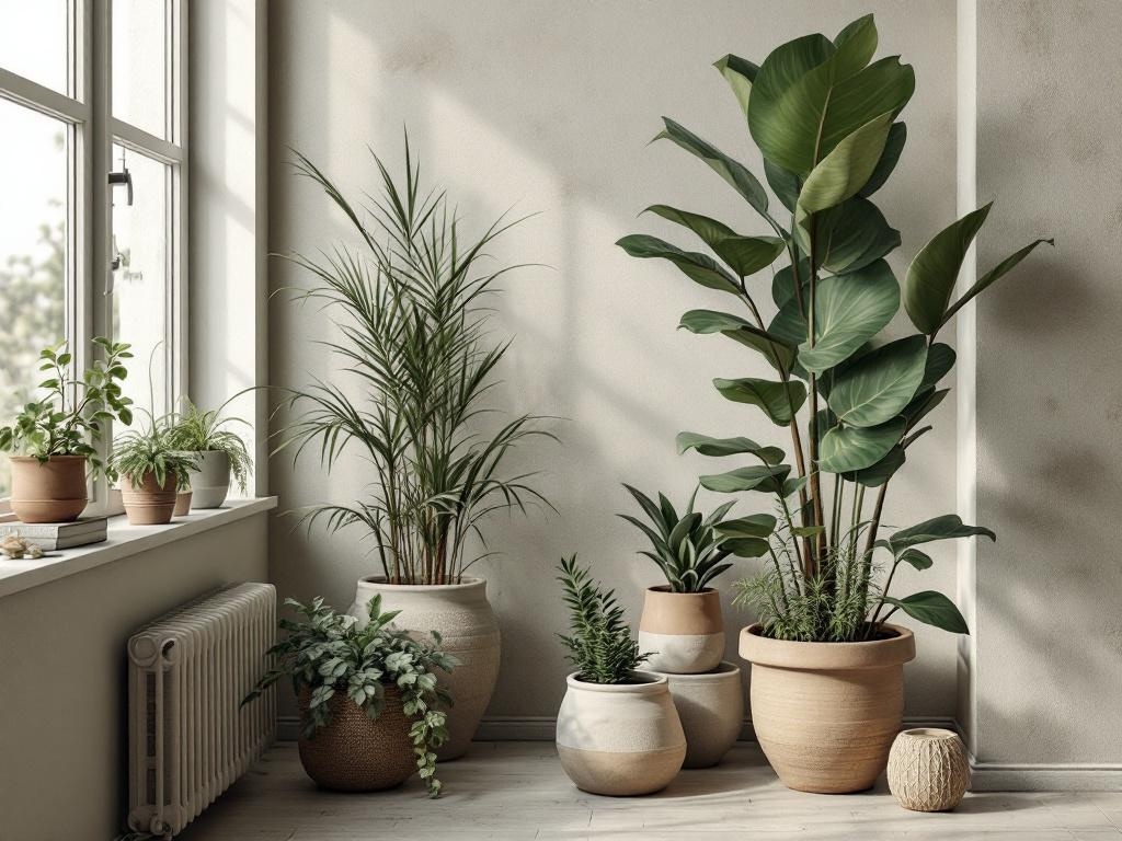 A cozy corner with various plants in pots, showcasing muted greenery and earthy tones.