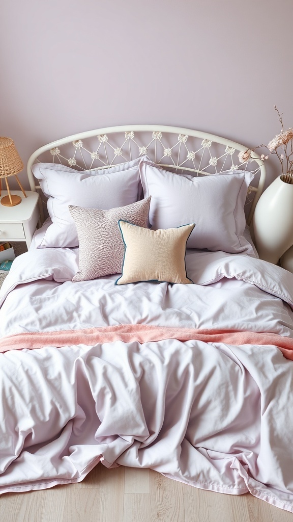A cozy bed with muted lavender bedding and decorative pillows.