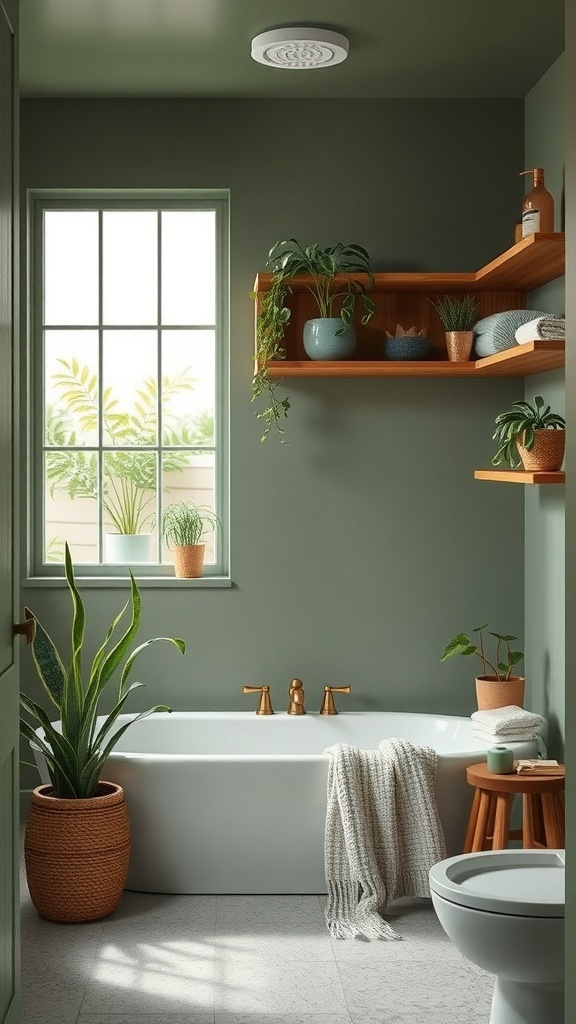 A serene bathroom featuring muted sage green walls, a white bathtub, wooden shelves, and various plants.
