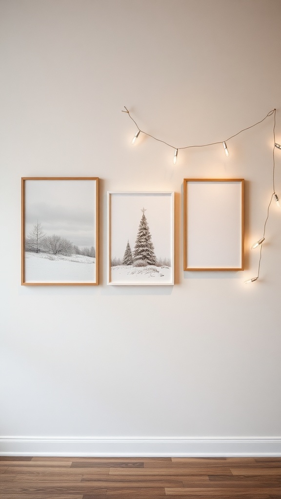 Three framed artworks on a wall, featuring winter landscapes and a string of lights.