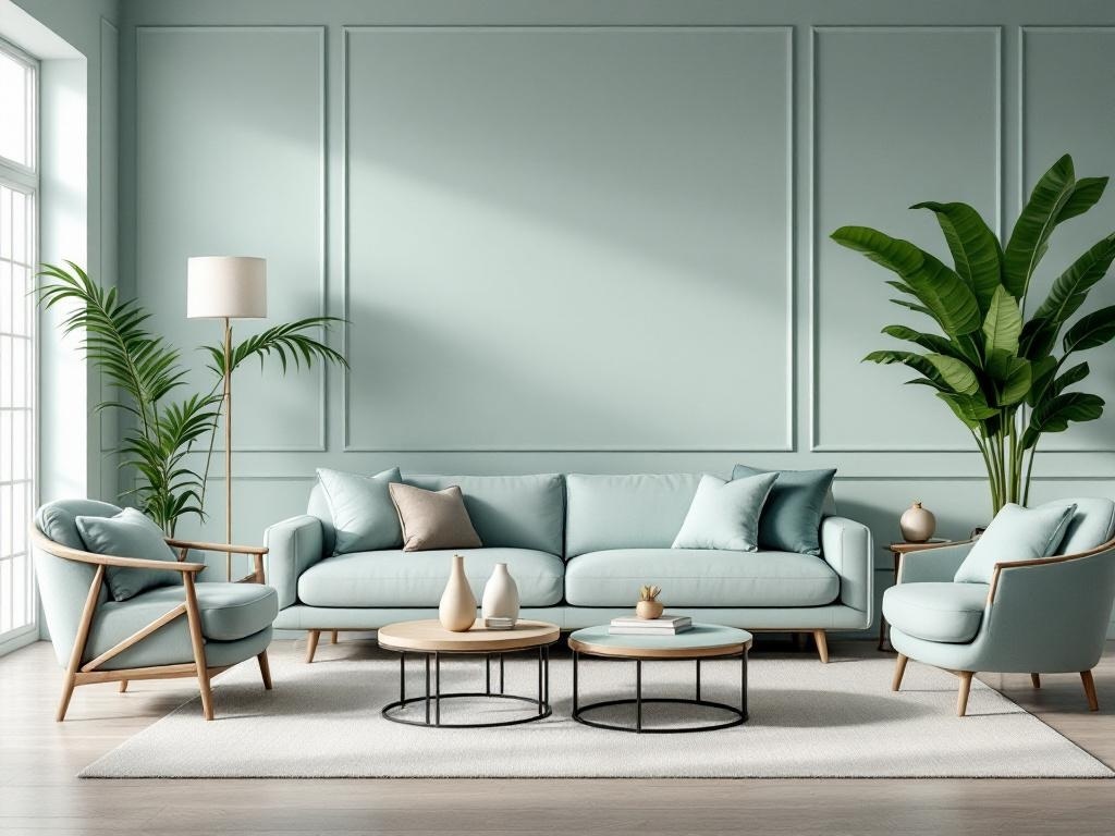 A cozy living room with muted teal walls, stylish furniture, and indoor plants.