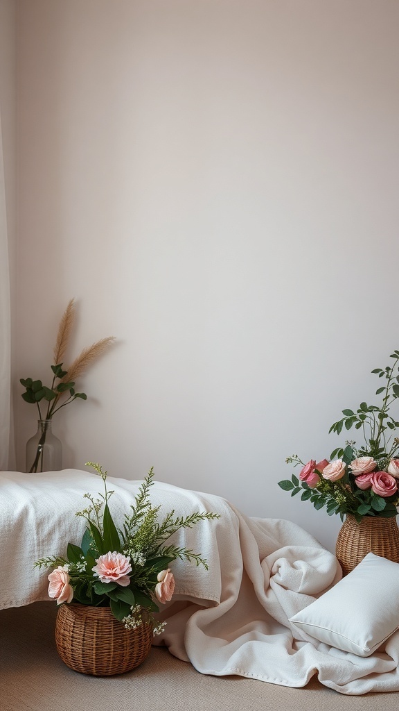 A cozy arrangement featuring muted tones with soft pink flowers in woven baskets and a light blanket.