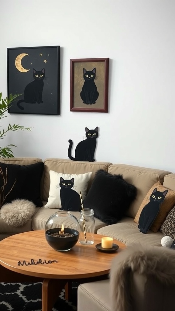 A cozy living room decorated with black cat-themed decor, including wall art and pillows.