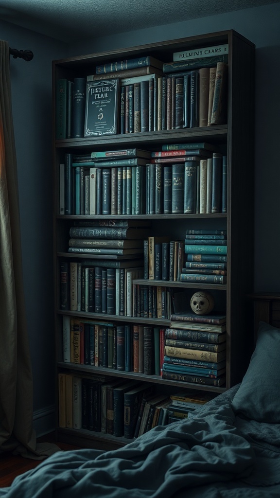 A dark wooden bookshelf filled with books and a small skull, creating a mysterious atmosphere.
