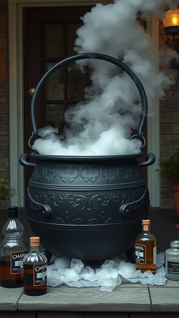A black cauldron with steam rising, surrounded by ice and potion bottles on a front porch.