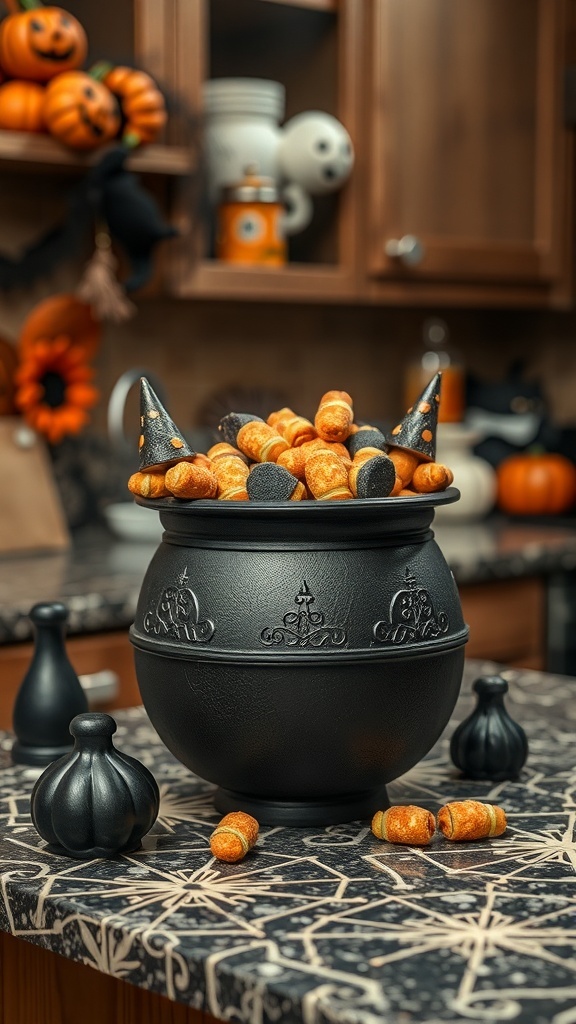 A black cauldron filled with colorful treats, surrounded by Halloween decorations in a kitchen.